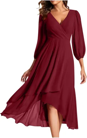 TANGNADE Women's Fall Dresses 2024 3/4 Sleeve V Neck Wrap A-Line Flowy Maxi Dress Flowy Pleated Wedding Guest Dress
