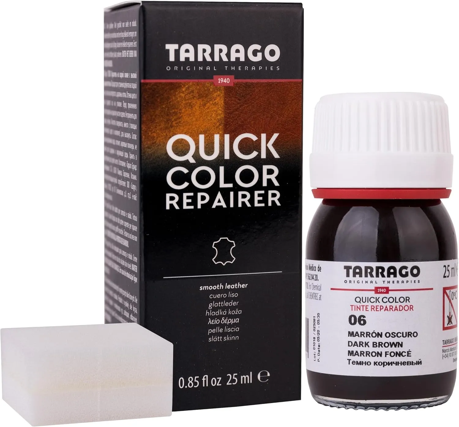 Tarrago Quick Color Dye Leather and Canvas Repair - 25 ml Leather Shoe Dye for Dyeing of Leather Footwear, Bags, Shoes, Jackets, Purses & More - Dark Brown #06