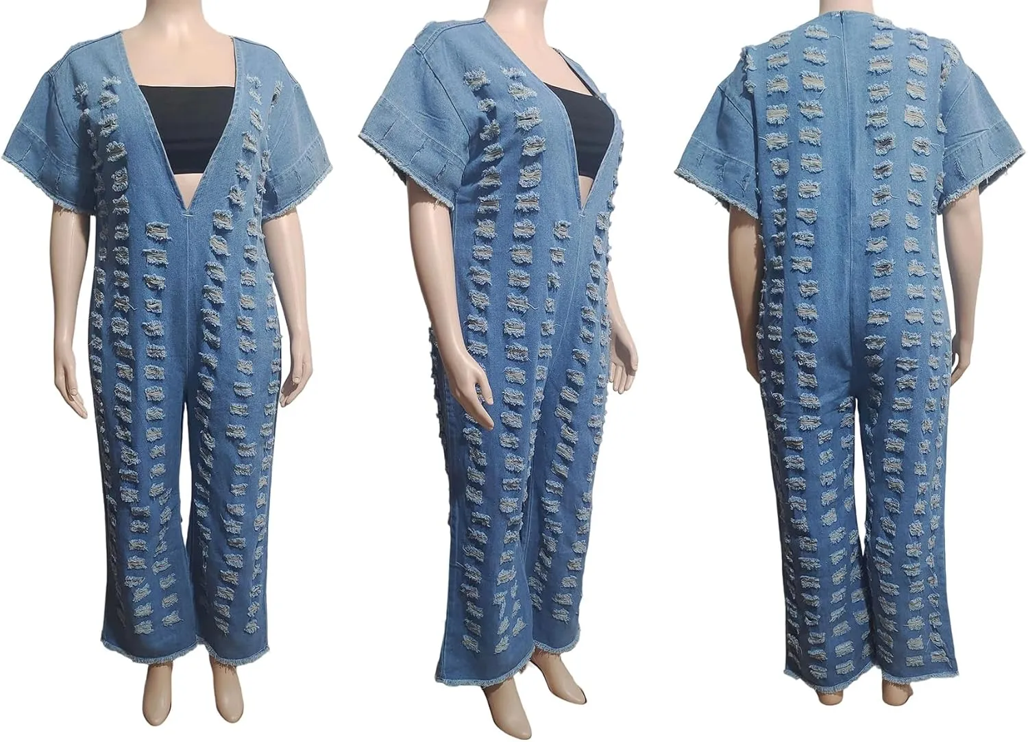 Tbahhir Women Baggy Jean Jumpsuits Ripped Denim Sexy Deep V Neck Jumpsuit Short Sleeve Romper One Piece Overalls