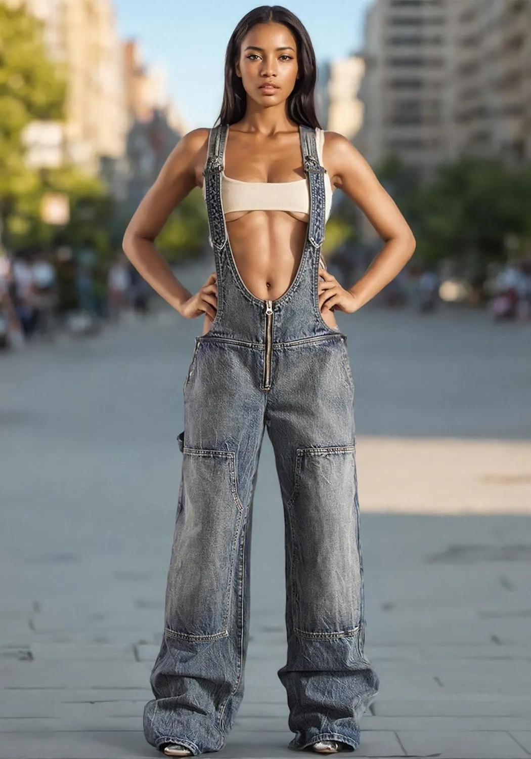 Tbahhir Women's Denim Overalls Jumpsuit Sleeveless Adjustable Strap Loose Baggy Wide Leg Cargo Jean Pants Rompers Trendy