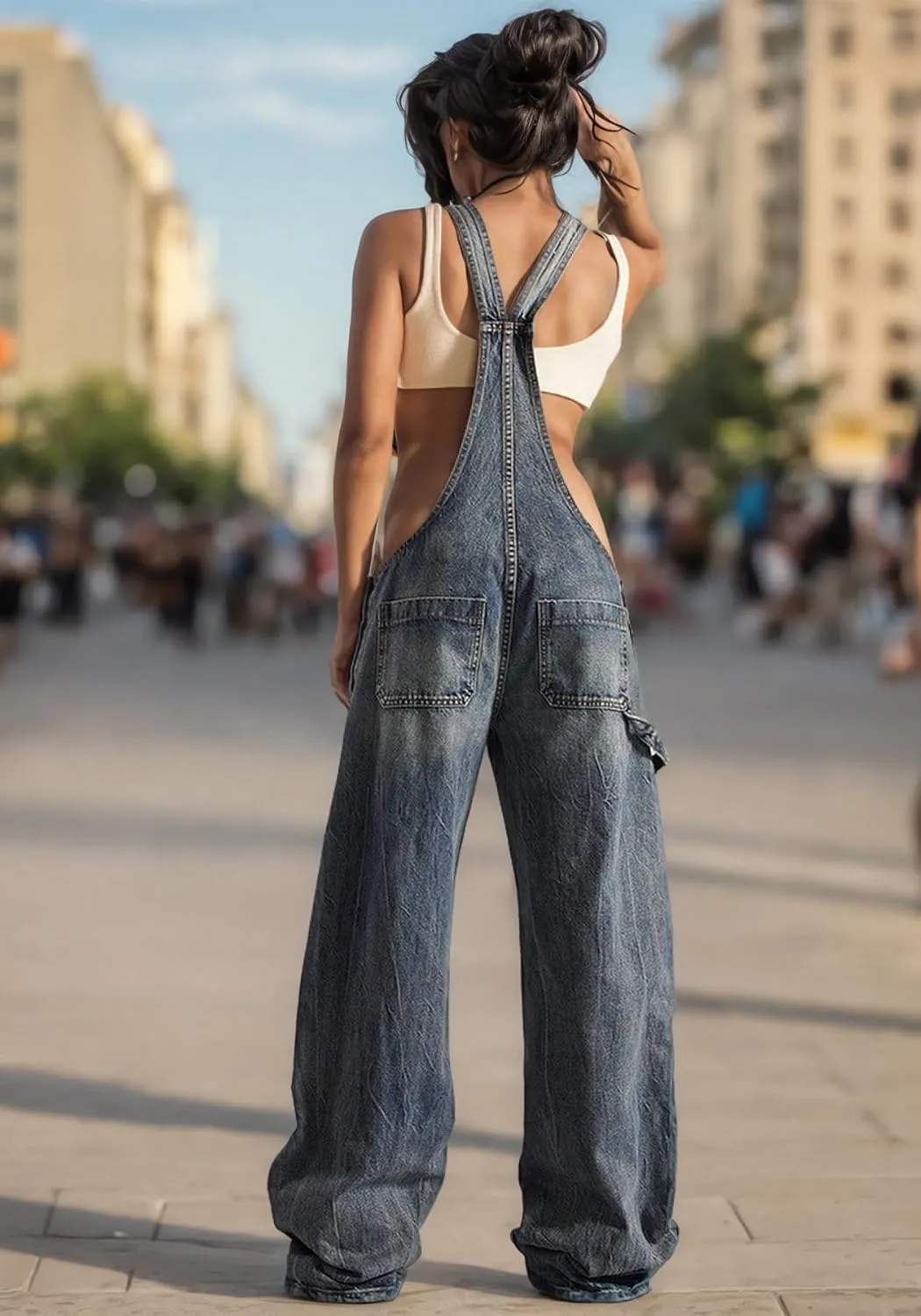 Tbahhir Women's Denim Overalls Jumpsuit Sleeveless Adjustable Strap Loose Baggy Wide Leg Cargo Jean Pants Rompers Trendy