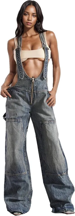 Tbahhir Women's Denim Overalls Jumpsuit Sleeveless Adjustable Strap Loose Baggy Wide Leg Cargo Jean Pants Rompers Trendy