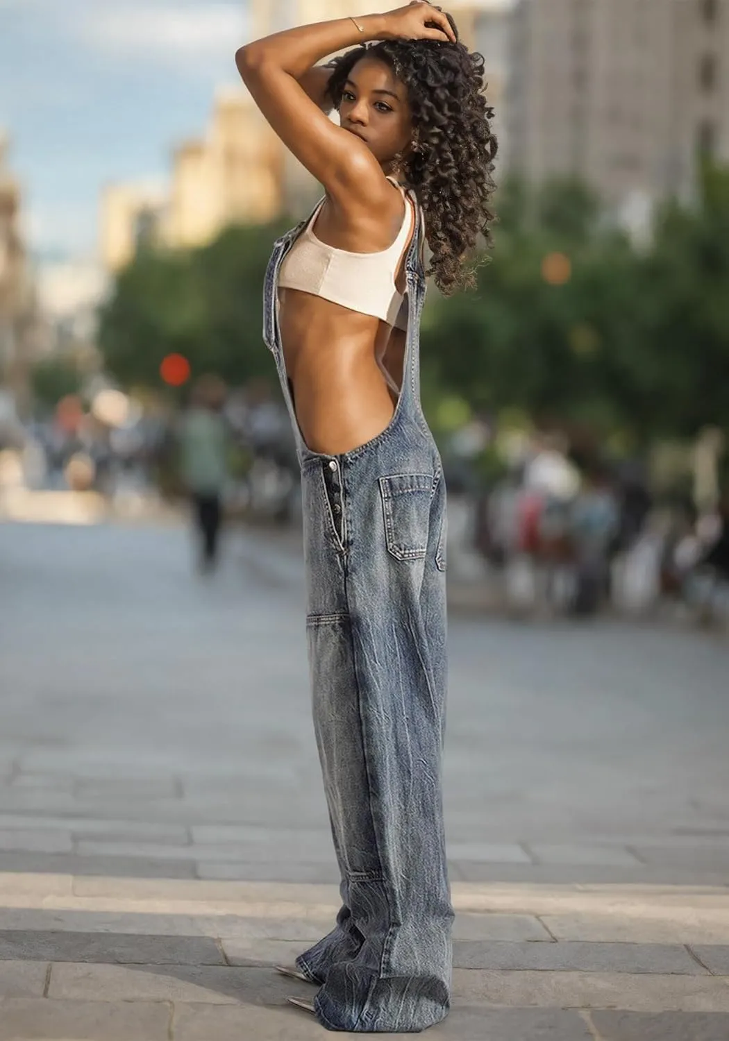 Tbahhir Women's Denim Overalls Jumpsuit Sleeveless Adjustable Strap Loose Baggy Wide Leg Cargo Jean Pants Rompers Trendy