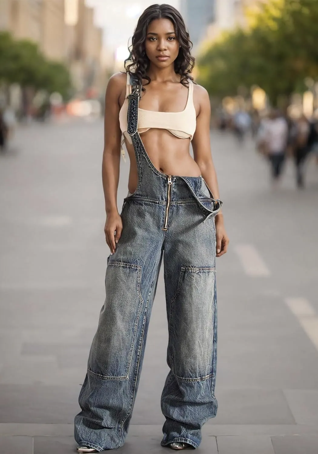 Tbahhir Women's Denim Overalls Jumpsuit Sleeveless Adjustable Strap Loose Baggy Wide Leg Cargo Jean Pants Rompers Trendy