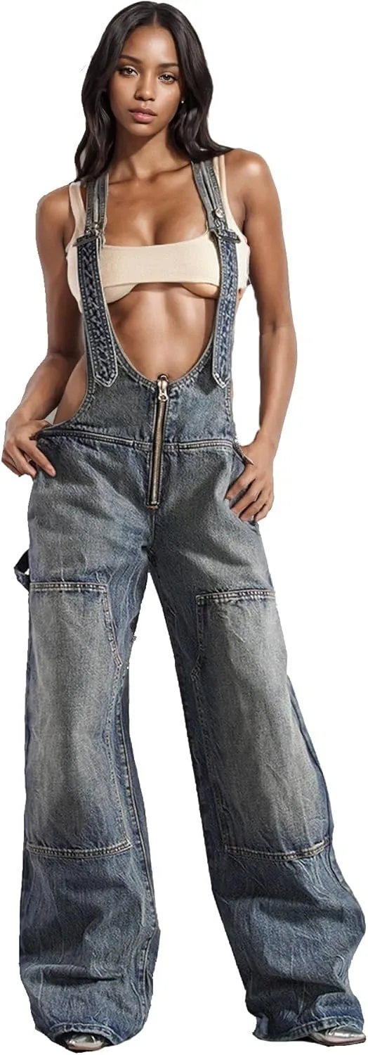 Tbahhir Women's Denim Overalls Jumpsuit Sleeveless Adjustable Strap Loose Baggy Wide Leg Cargo Jean Pants Rompers Trendy