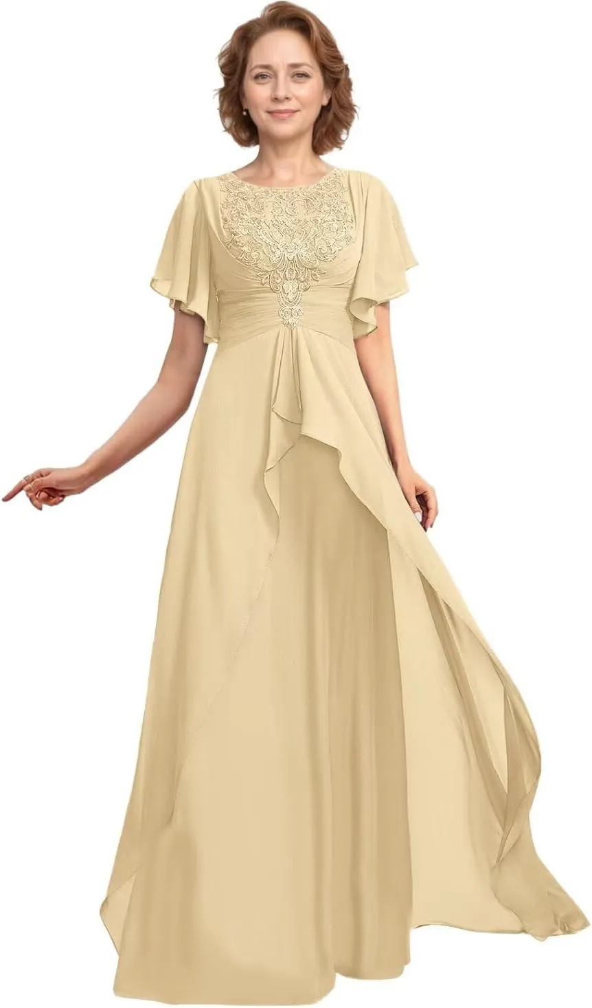 Tea Length Mother of The Bride Dresses for Wedding 2024 V Neck Lace Appliques Mother of The Groom Dresses with Ruffle Sleeves