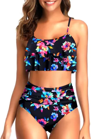 Tempt Me High Waisted Bikini Two Piece Swimsuits Tummy Control Bathing Suit Ruffle Ruched Swimwear