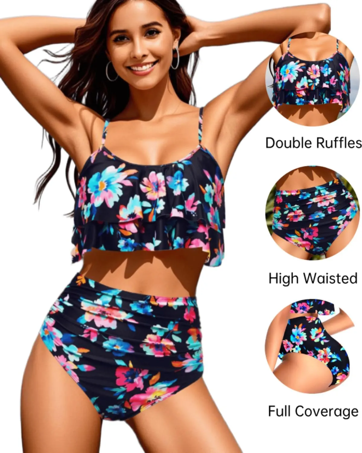 Tempt Me High Waisted Bikini Two Piece Swimsuits Tummy Control Bathing Suit Ruffle Ruched Swimwear