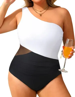 Tempt Me Plus Size One Piece Swimsuit One Shoulder Bathing Suit Color Block Tummy Control Swimwear