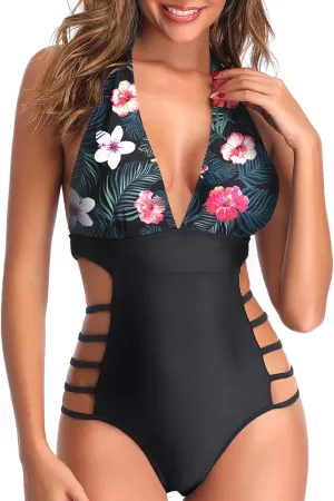 Tempt Me Women One Piece Swimsuits Sexy Cutout Bathing Suits Plunge Halter Swimwear Deep V Neck Monokini