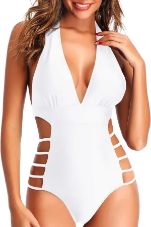 Tempt Me Women One Piece Swimsuits Sexy Cutout Bathing Suits Plunge Halter Swimwear Deep V Neck Monokini