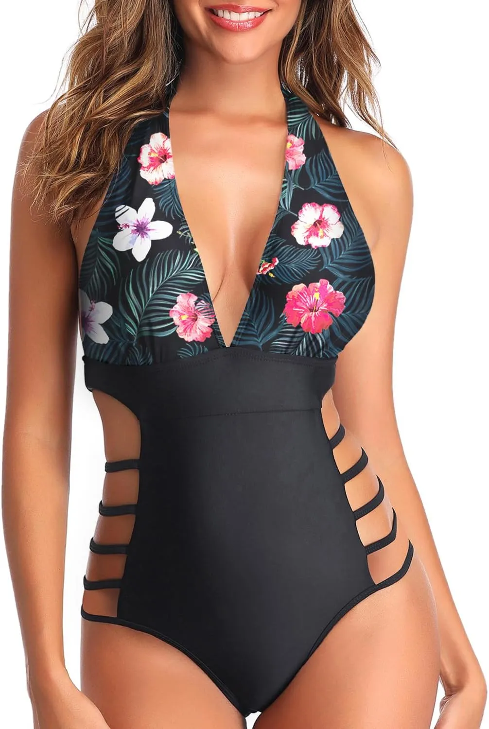 Tempt Me Women One Piece Swimsuits Sexy Cutout Bathing Suits Plunge Halter Swimwear Deep V Neck Monokini