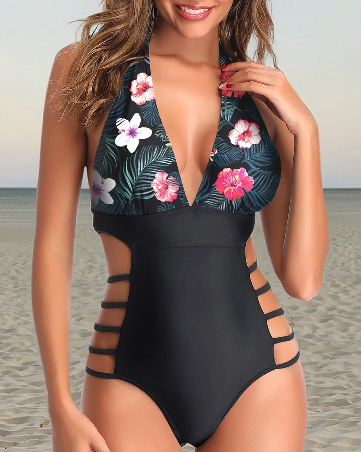 Tempt Me Women One Piece Swimsuits Sexy Cutout Bathing Suits Plunge Halter Swimwear Deep V Neck Monokini