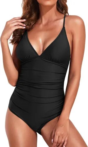 Tempt Me Women Tummy Control One Piece Swimsuits V Neck Bathing Suits Sexy Swimwear