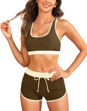 Tempt Me Women Two Piece Sports Bikini Athletic Swimsuits Racerback Crop Top with Boy Shorts Bathing Suits for Girls Vests