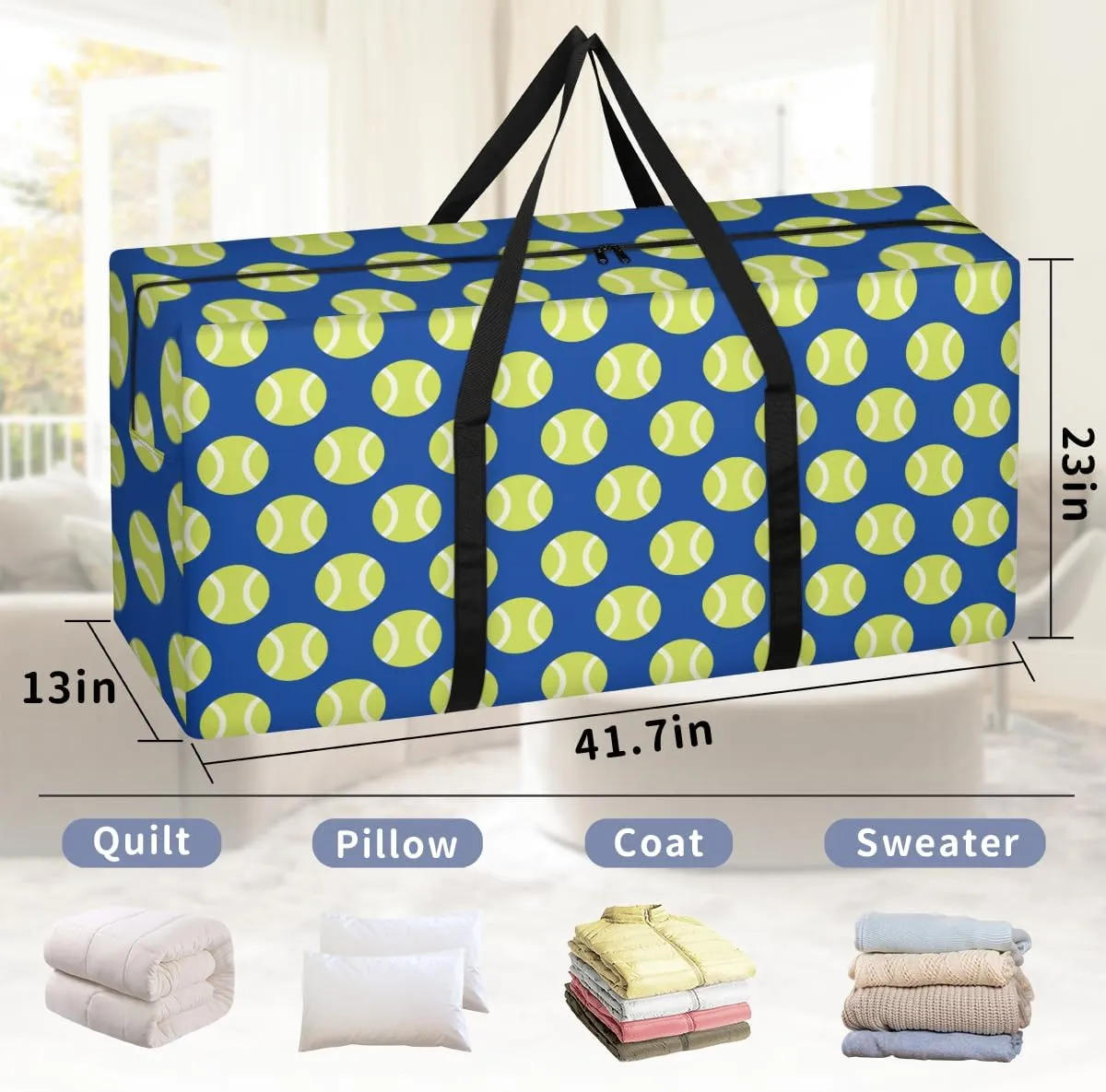 Tennis Ball XXL Heavy Duty Extra Large Moving Bags with Strong Zipper, Moving Supplies Packing Boxes for Moving, Sports Theme Navy Blue
