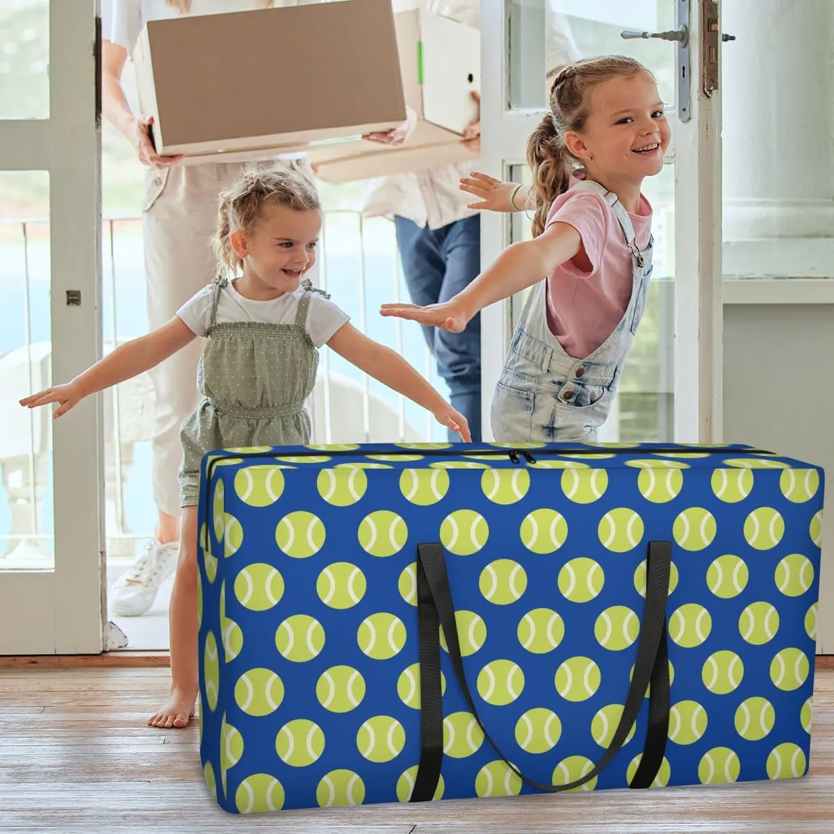 Tennis Ball XXL Heavy Duty Extra Large Moving Bags with Strong Zipper, Moving Supplies Packing Boxes for Moving, Sports Theme Navy Blue
