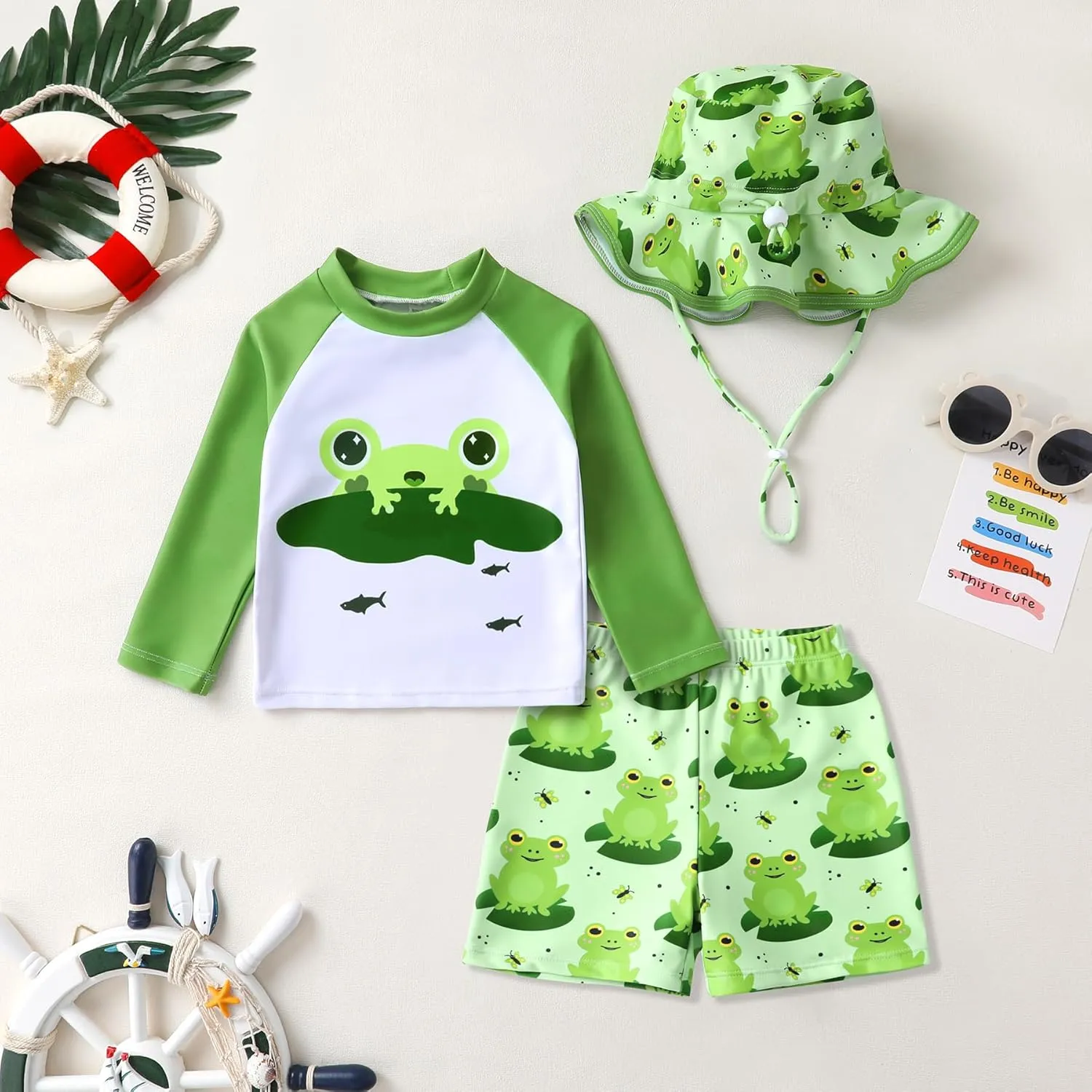 Toddler Baby Boy Swimwear Long Sleeve Rashguard Swimsuit with Sun Hat Cartoon Animal Bathing Suit