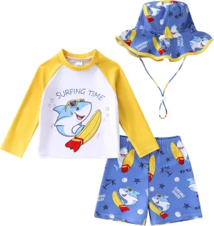 Toddler Baby Boy Swimwear Long Sleeve Rashguard Swimsuit with Sun Hat Cartoon Animal Bathing Suit