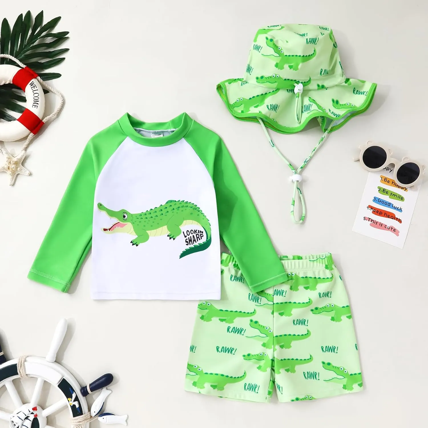 Toddler Baby Boy Swimwear Long Sleeve Rashguard Swimsuit with Sun Hat Cartoon Animal Bathing Suit