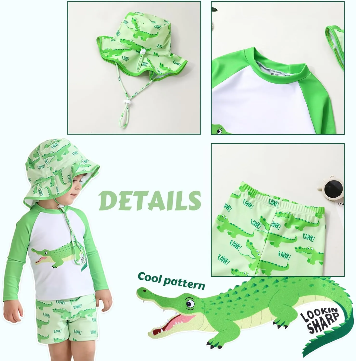 Toddler Baby Boy Swimwear Long Sleeve Rashguard Swimsuit with Sun Hat Cartoon Animal Bathing Suit