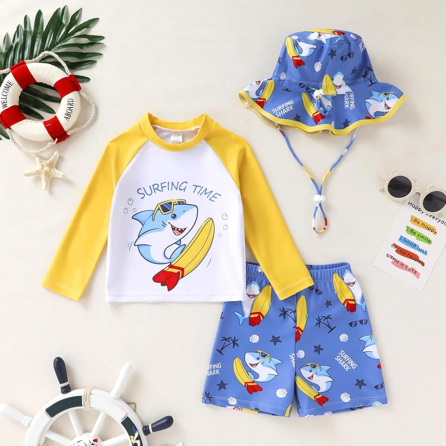 Toddler Baby Boy Swimwear Long Sleeve Rashguard Swimsuit with Sun Hat Cartoon Animal Bathing Suit