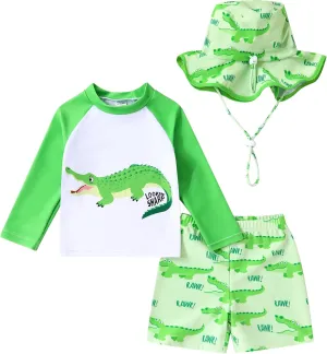 Toddler Baby Boy Swimwear Long Sleeve Rashguard Swimsuit with Sun Hat Cartoon Animal Bathing Suit