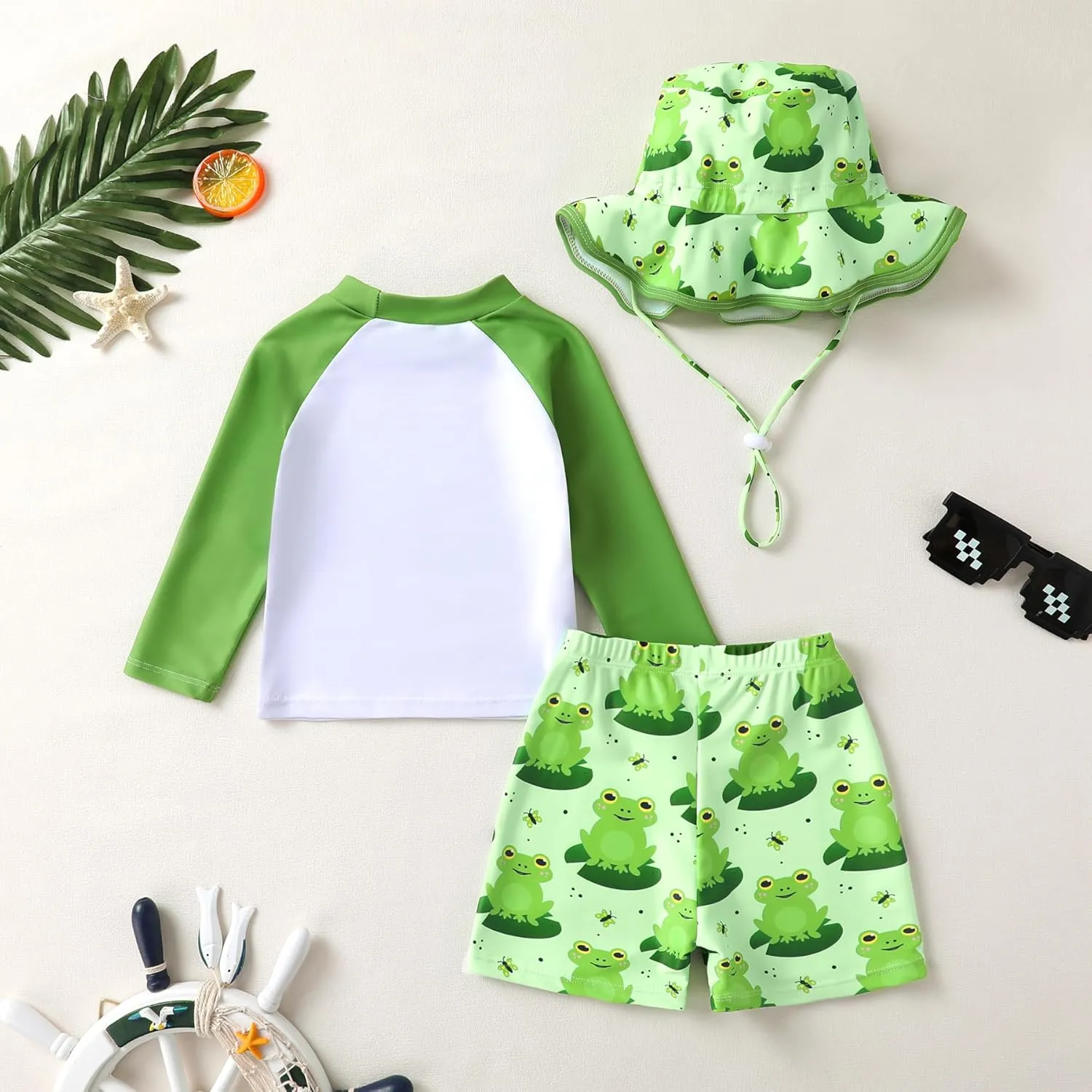 Toddler Baby Boy Swimwear Long Sleeve Rashguard Swimsuit with Sun Hat Cartoon Animal Bathing Suit