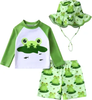 Toddler Baby Boy Swimwear Long Sleeve Rashguard Swimsuit with Sun Hat Cartoon Animal Bathing Suit