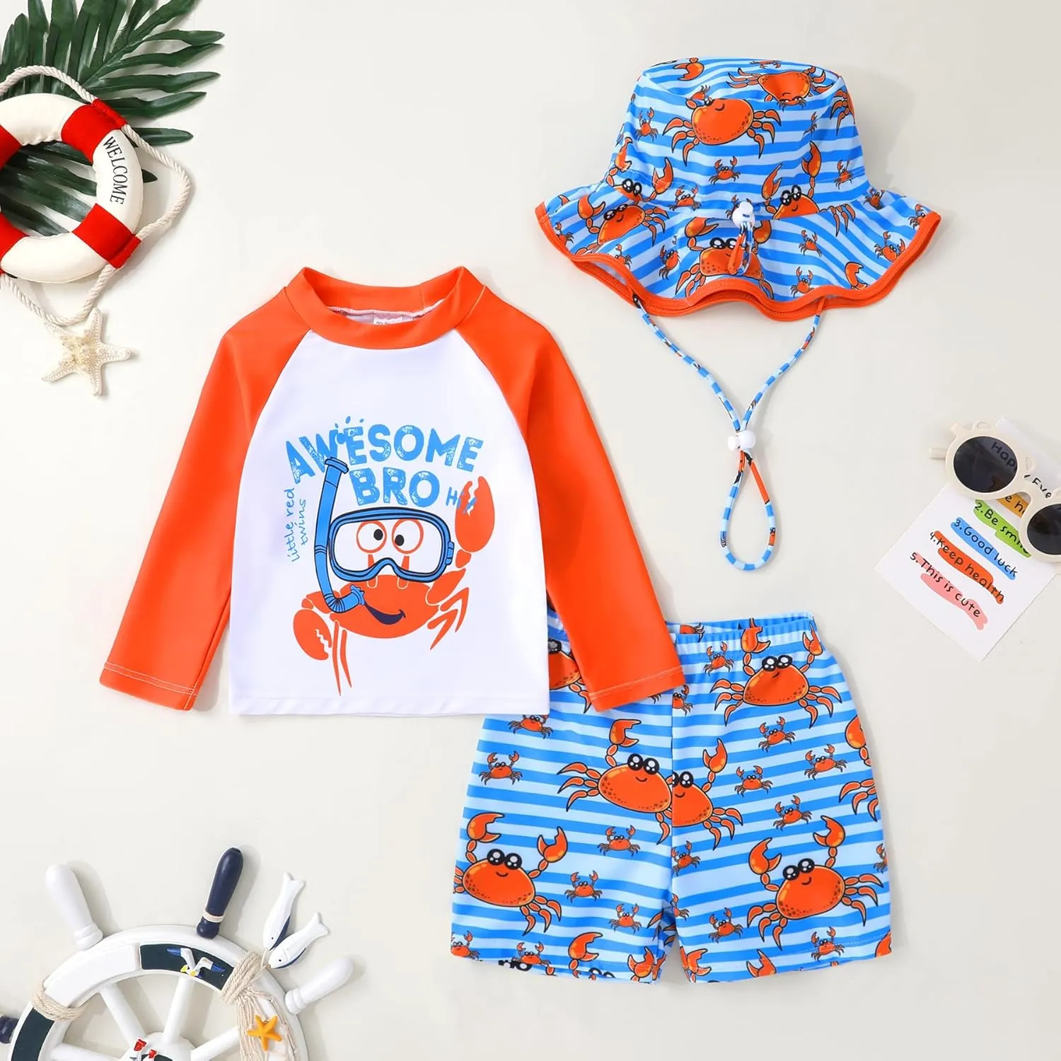 Toddler Baby Boy Swimwear Long Sleeve Rashguard Swimsuit with Sun Hat Cartoon Animal Bathing Suit