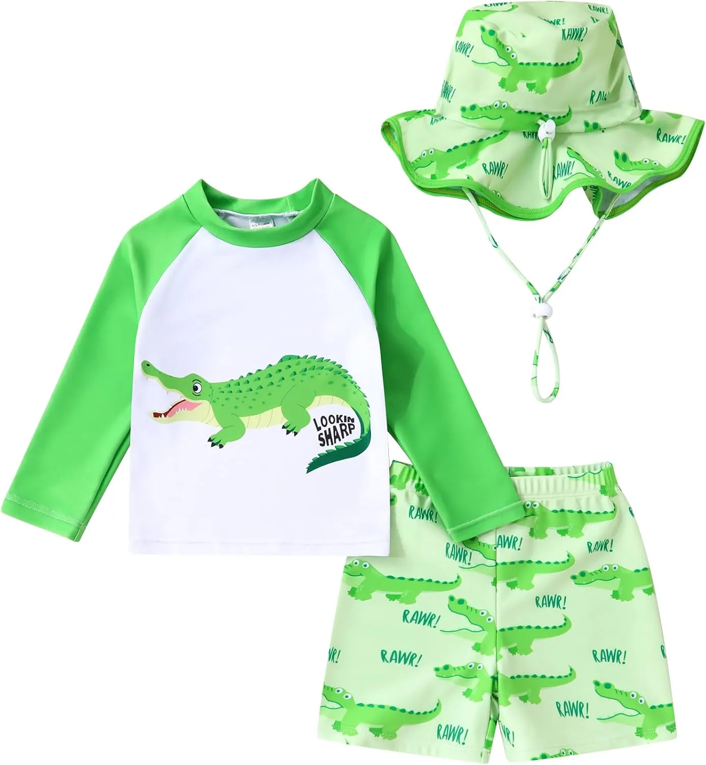 Toddler Baby Boy Swimwear Long Sleeve Rashguard Swimsuit with Sun Hat Cartoon Animal Bathing Suit