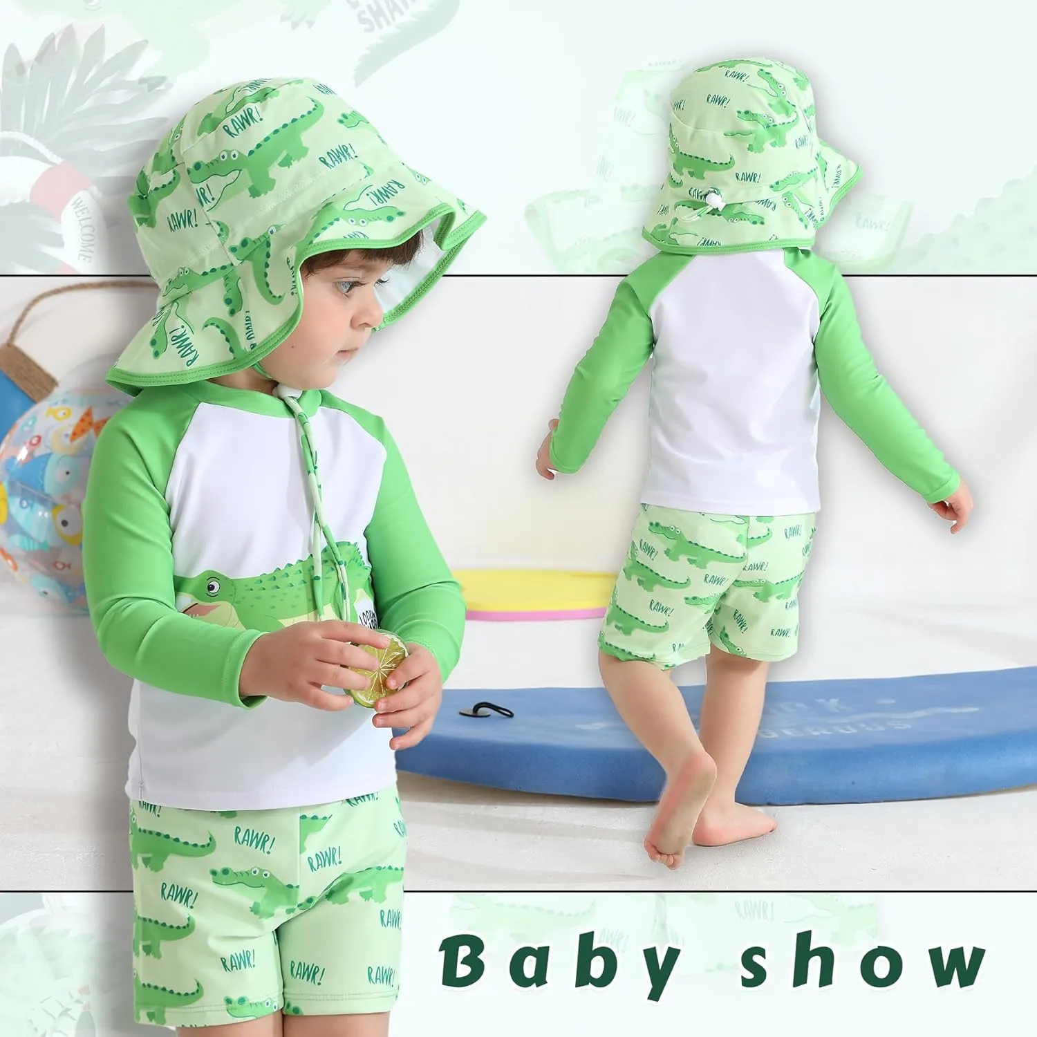 Toddler Baby Boy Swimwear Long Sleeve Rashguard Swimsuit with Sun Hat Cartoon Animal Bathing Suit
