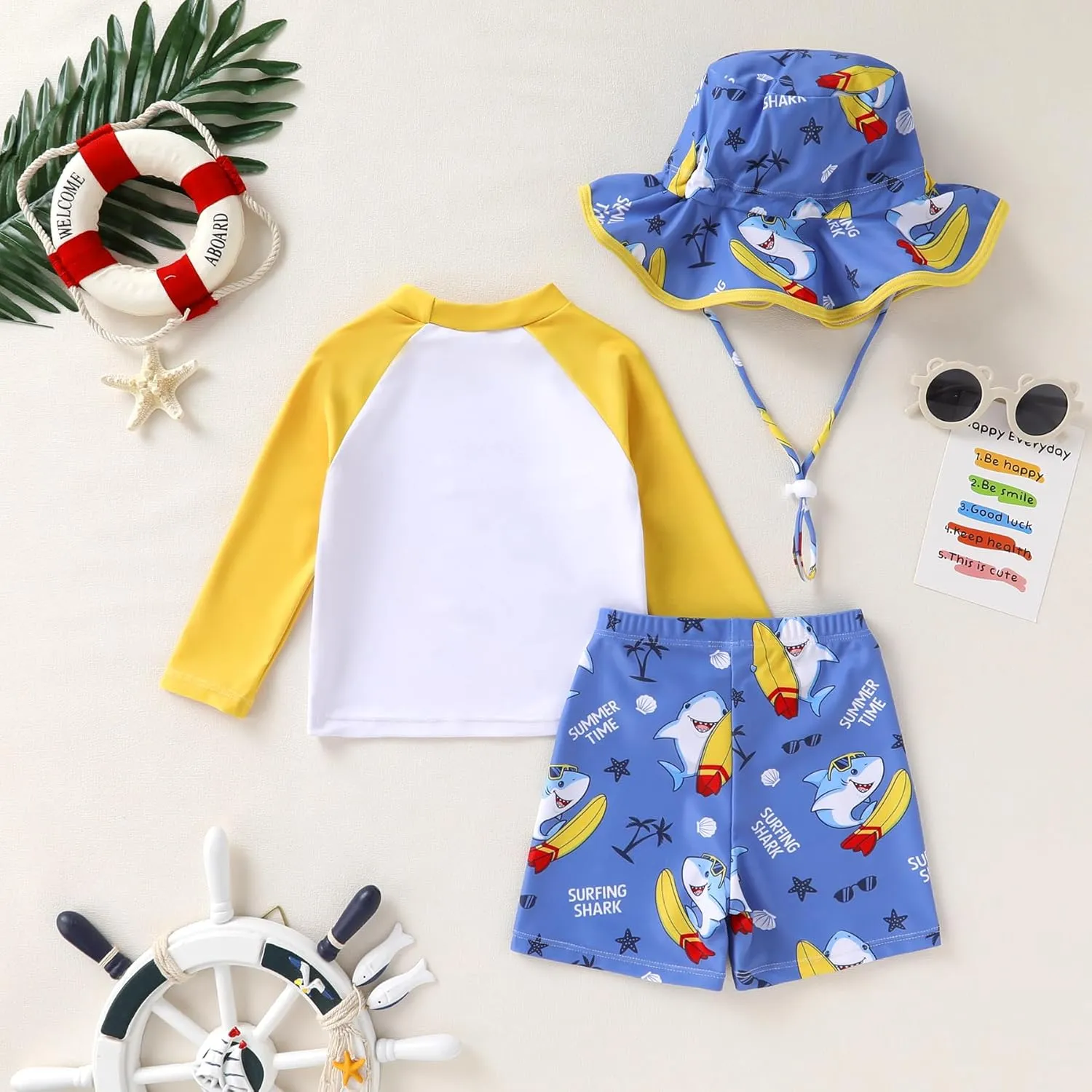 Toddler Baby Boy Swimwear Long Sleeve Rashguard Swimsuit with Sun Hat Cartoon Animal Bathing Suit