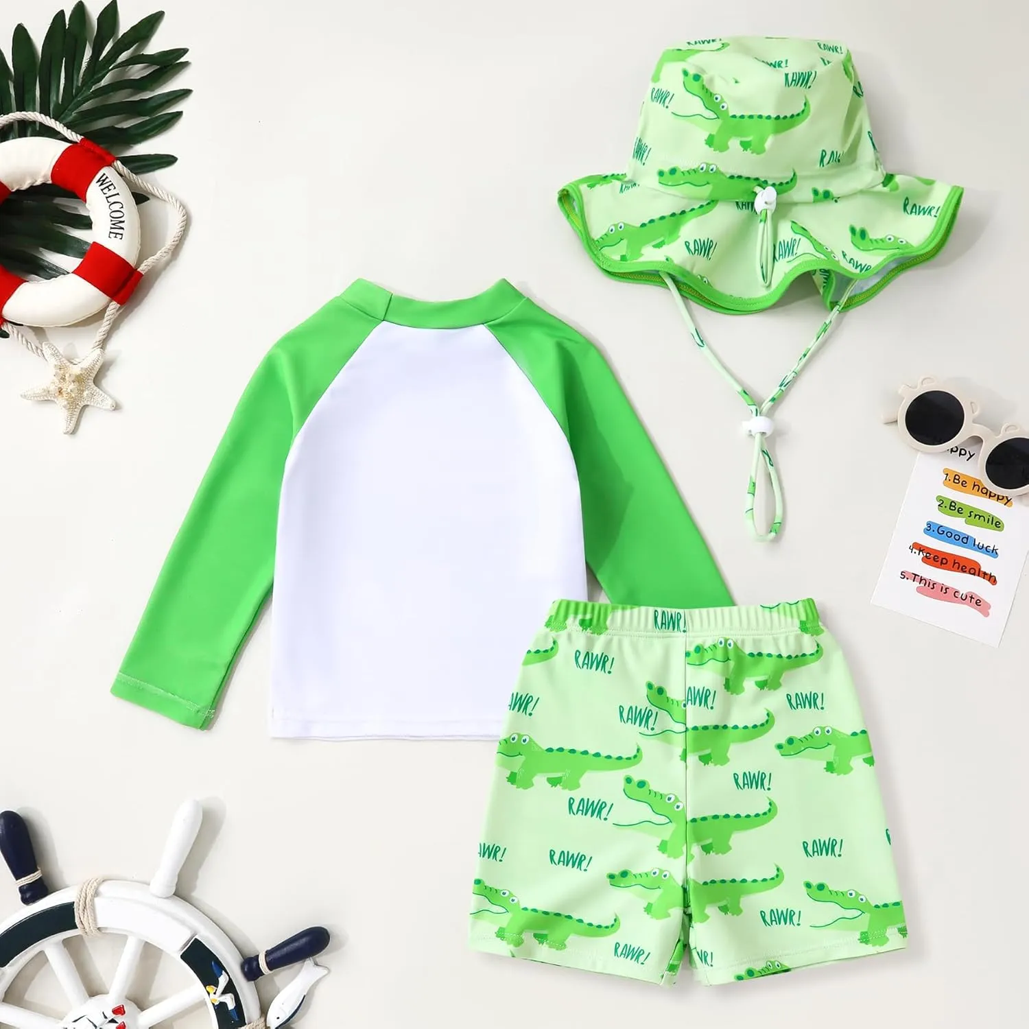 Toddler Baby Boy Swimwear Long Sleeve Rashguard Swimsuit with Sun Hat Cartoon Animal Bathing Suit