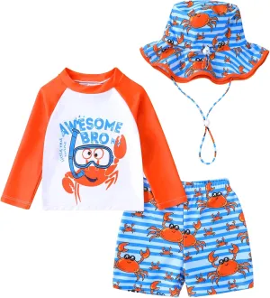 Toddler Baby Boy Swimwear Long Sleeve Rashguard Swimsuit with Sun Hat Cartoon Animal Bathing Suit
