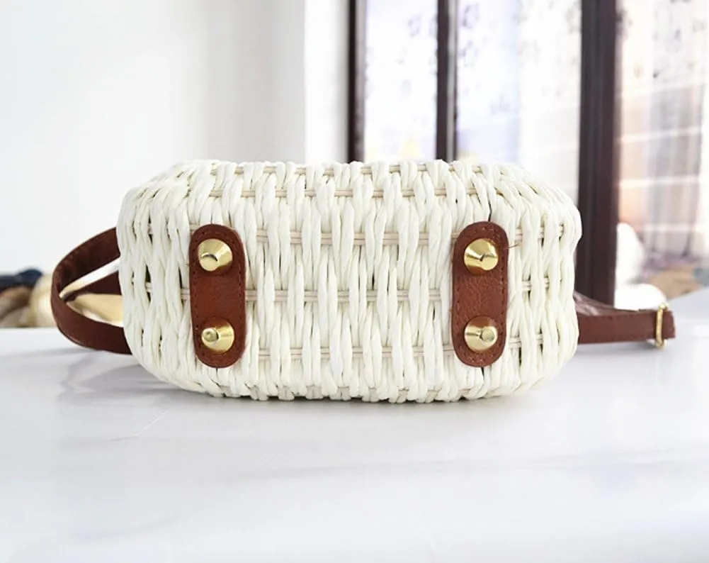 TONWHAR Retro Beach Bag with Tassels Hand-woven Straw Purse (Light Brown), White