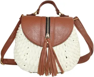TONWHAR Retro Beach Bag with Tassels Hand-woven Straw Purse (Light Brown), White