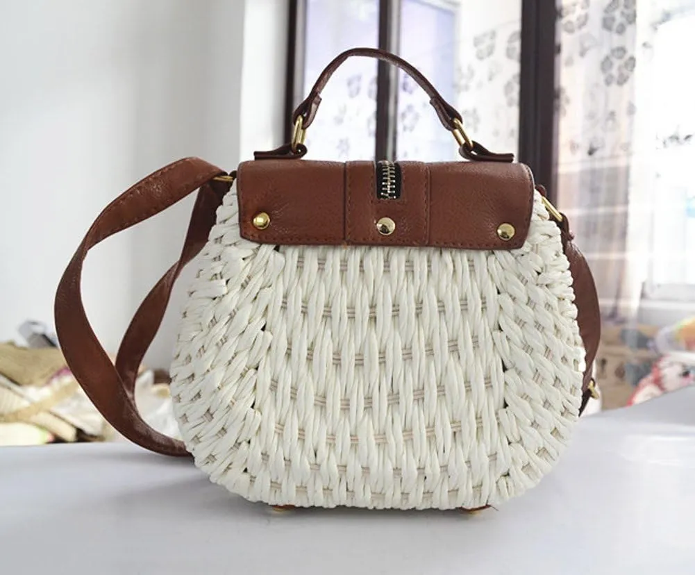 TONWHAR Retro Beach Bag with Tassels Hand-woven Straw Purse (Light Brown), White