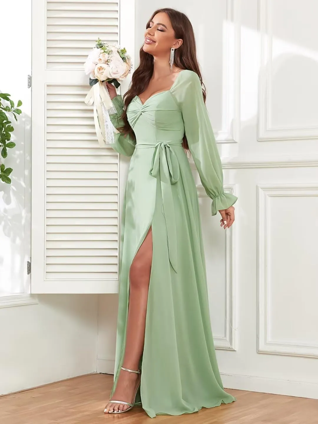 TORYEMY Chiffon Long Sleeve Bridesmaid Dresses for Wedding V Neck Long Formal Evening Gown with Slit