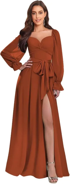 TORYEMY Chiffon Long Sleeve Bridesmaid Dresses for Wedding V Neck Long Formal Evening Gown with Slit