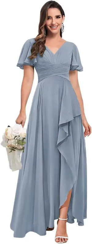 TORYEMY Chiffon V Neck Bridesmaid Dresses with Sleeves Long Ruffle Formal Evening Dresses for Wedding