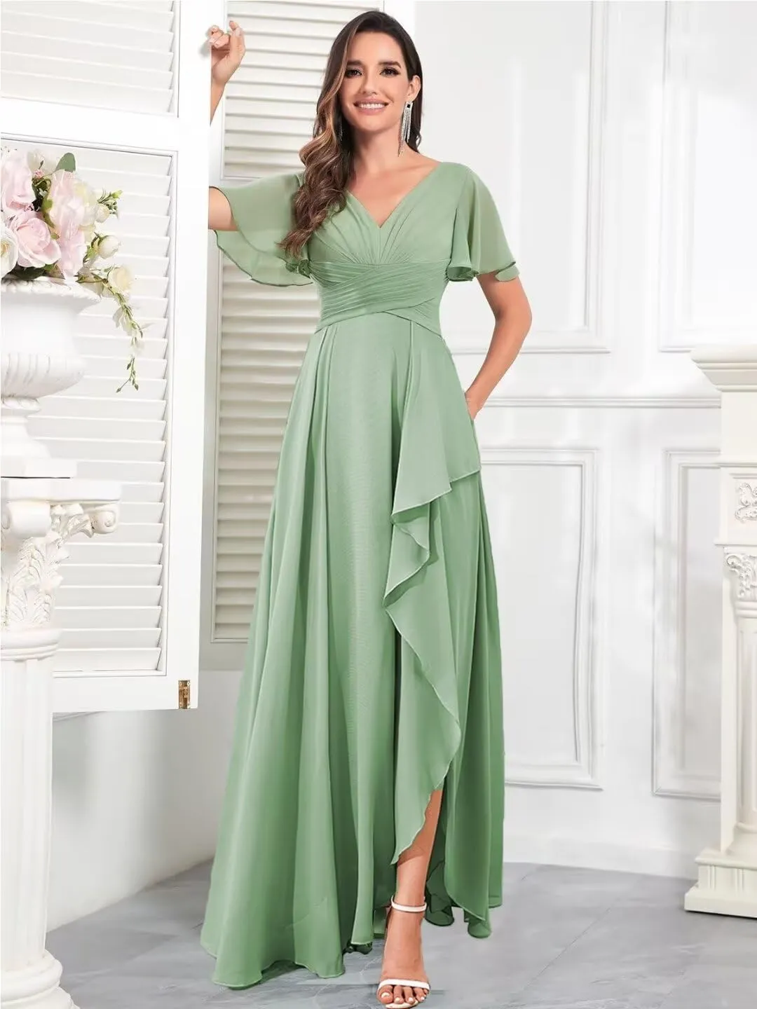 TORYEMY Chiffon V Neck Bridesmaid Dresses with Sleeves Long Ruffle Formal Evening Dresses for Wedding