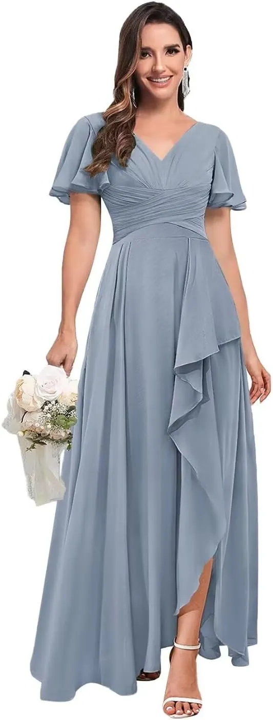 TORYEMY Chiffon V Neck Bridesmaid Dresses with Sleeves Long Ruffle Formal Evening Dresses for Wedding