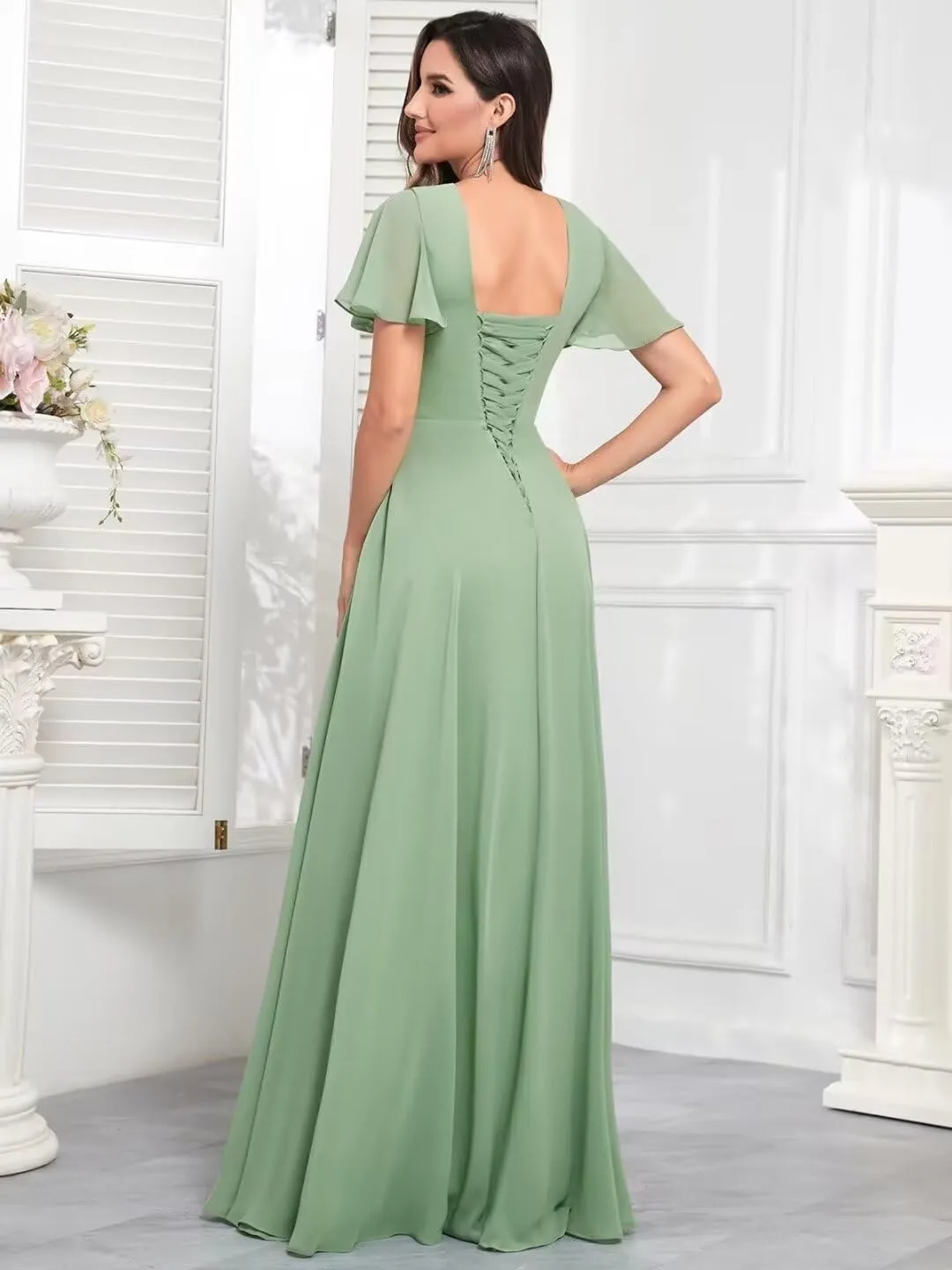 TORYEMY Chiffon V Neck Bridesmaid Dresses with Sleeves Long Ruffle Formal Evening Dresses for Wedding
