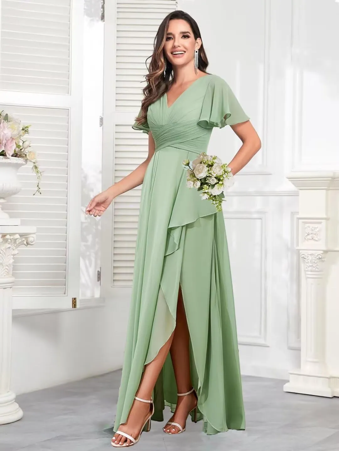 TORYEMY Chiffon V Neck Bridesmaid Dresses with Sleeves Long Ruffle Formal Evening Dresses for Wedding