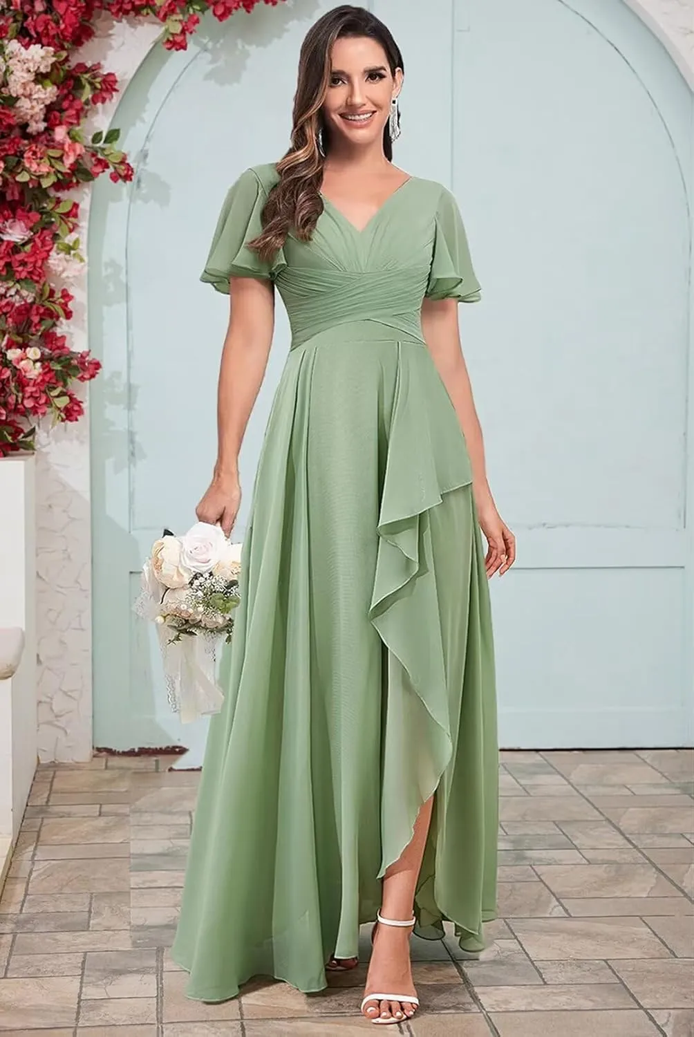 TORYEMY Chiffon V Neck Bridesmaid Dresses with Sleeves Long Ruffle Formal Evening Dresses for Wedding
