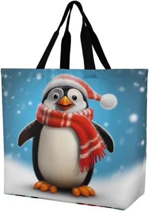 Tote Bag,Painted Foldable Shopping Tote Bag,washable Coating Groceries Storage Christmas Funny Penguin Bags for Shopping Or Travel