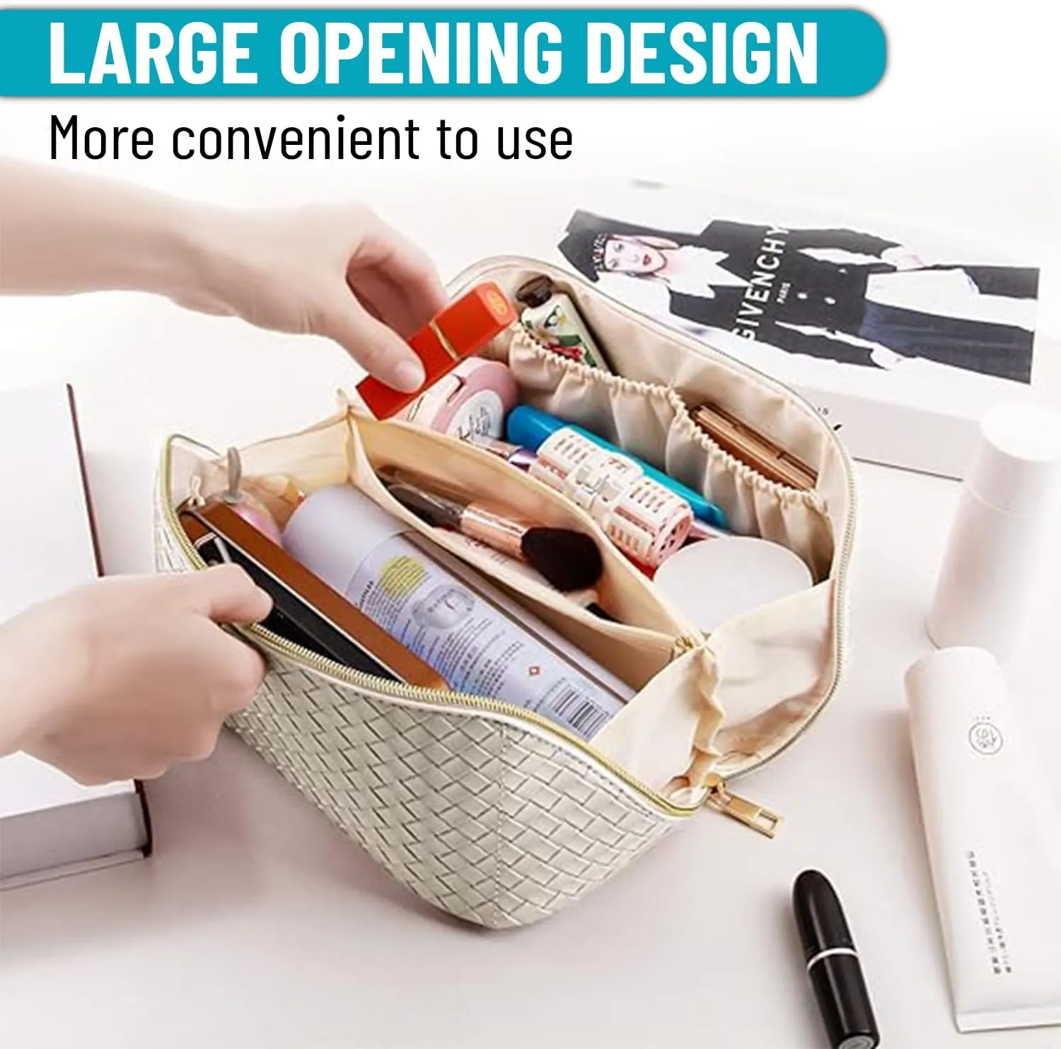 Travel Cosmetic Bags for Women - PU Leather Makeup Bag with Led Pocket Mirror - Waterproof Make up Organizers Bag - Makeup Toiletry Travel Bag - Cosmetics Organizer Bag - Makeup Travel Case