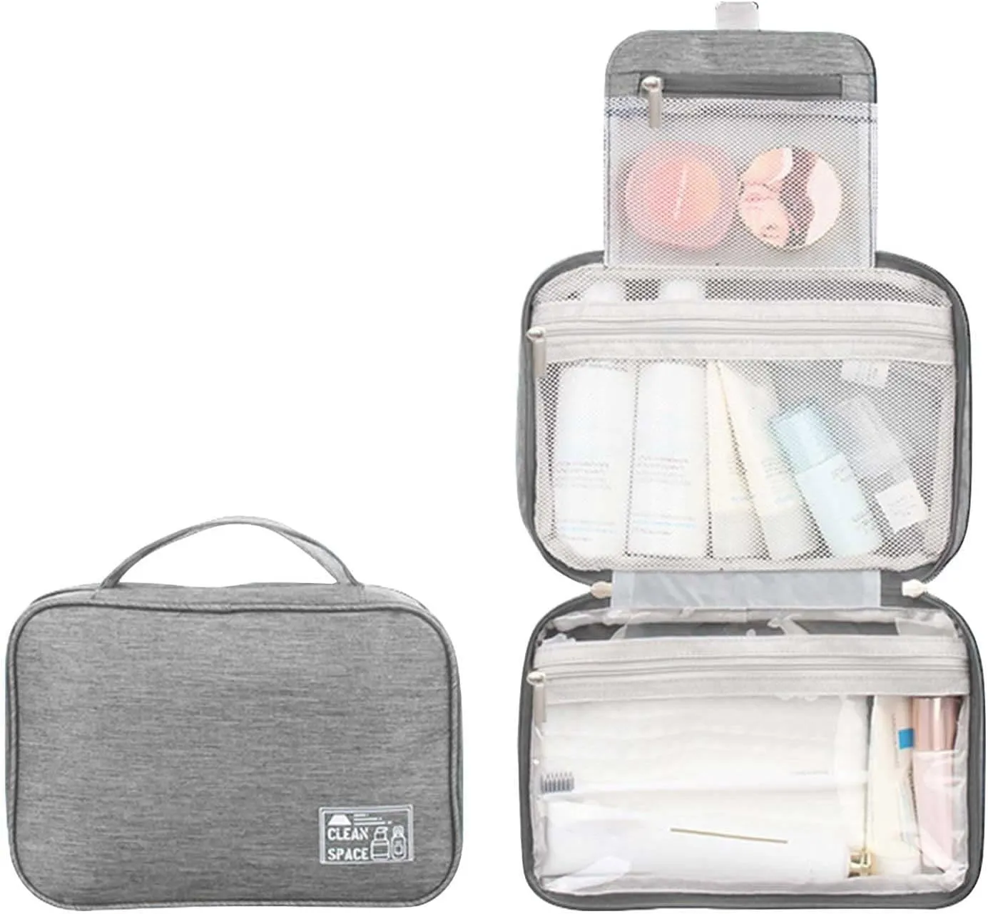 Travel Makeup Bag 10x6.6 Inch Portable Hanging Large Capacity Makeup Bag with 3 Comparment Water Resistant Cosmetic Organizer Countertop with Handle Toiletry Bag Shampoo,toiletries Full-Size Container