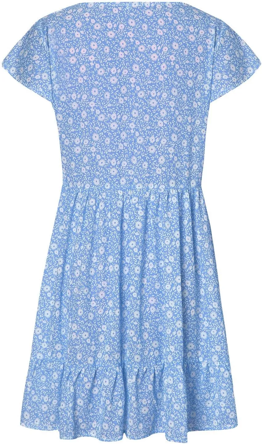 tuduoms Womens Summer Ruffle Mini Dress Cap Short Sleeves Ditsy Floral V Neck Button Beach Casual Loose Pleated Tiered Dress